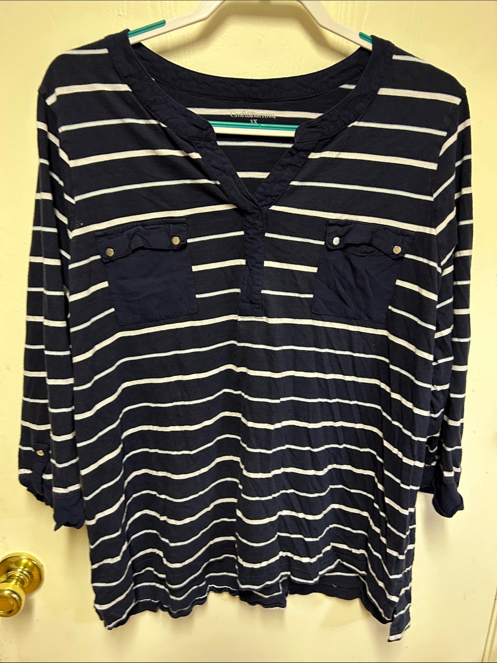 croft & barrow Navy and White Striped Henley with Chest Pockets